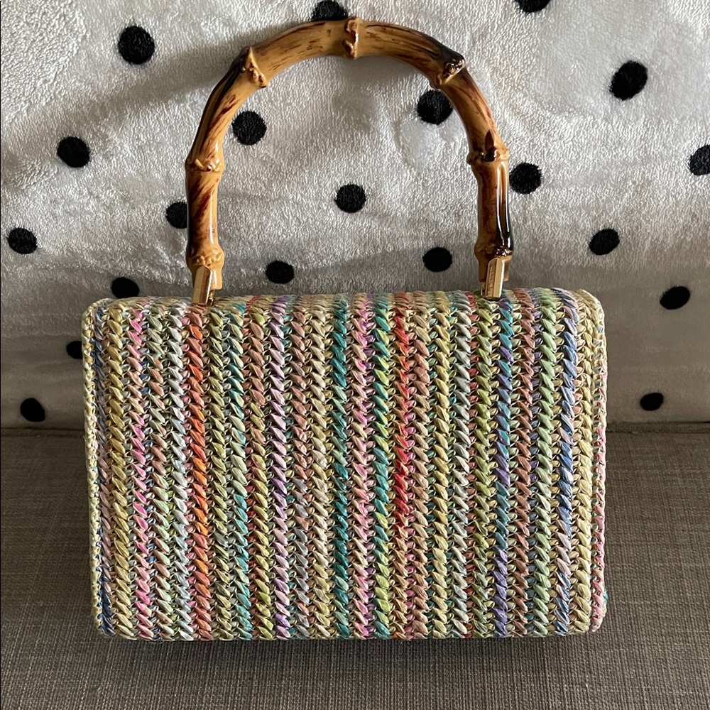 Woven Multicolor Straw Top-Handle Bag with Bamboo Handle - Picture 2 of 7